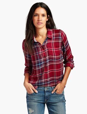 Lucky Brand Red Buffalo Plaid Long Sleeve Split Back Size Small Lightweight